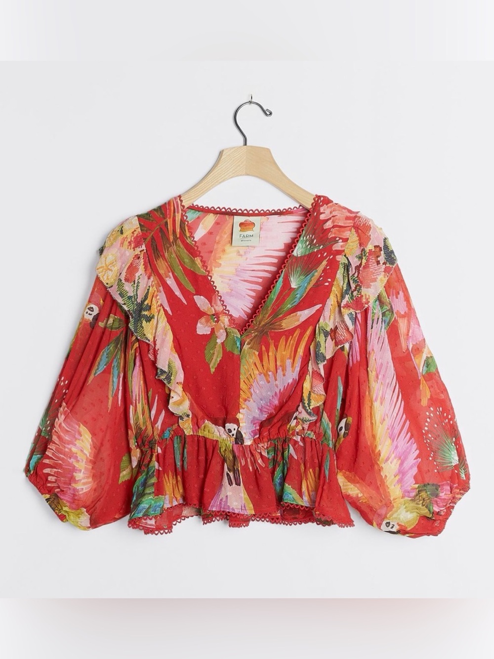 Farm Rio Galena Red Tropical Ruffle V‑Neck Blouse Size Medium - C52-086